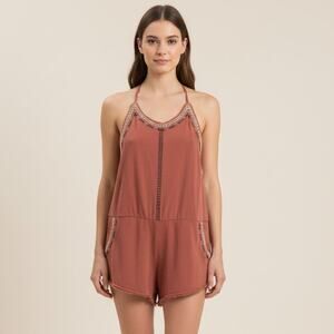 FP One Free People Rust Embroidered Romper Small Boho Halter Frayed Hem
